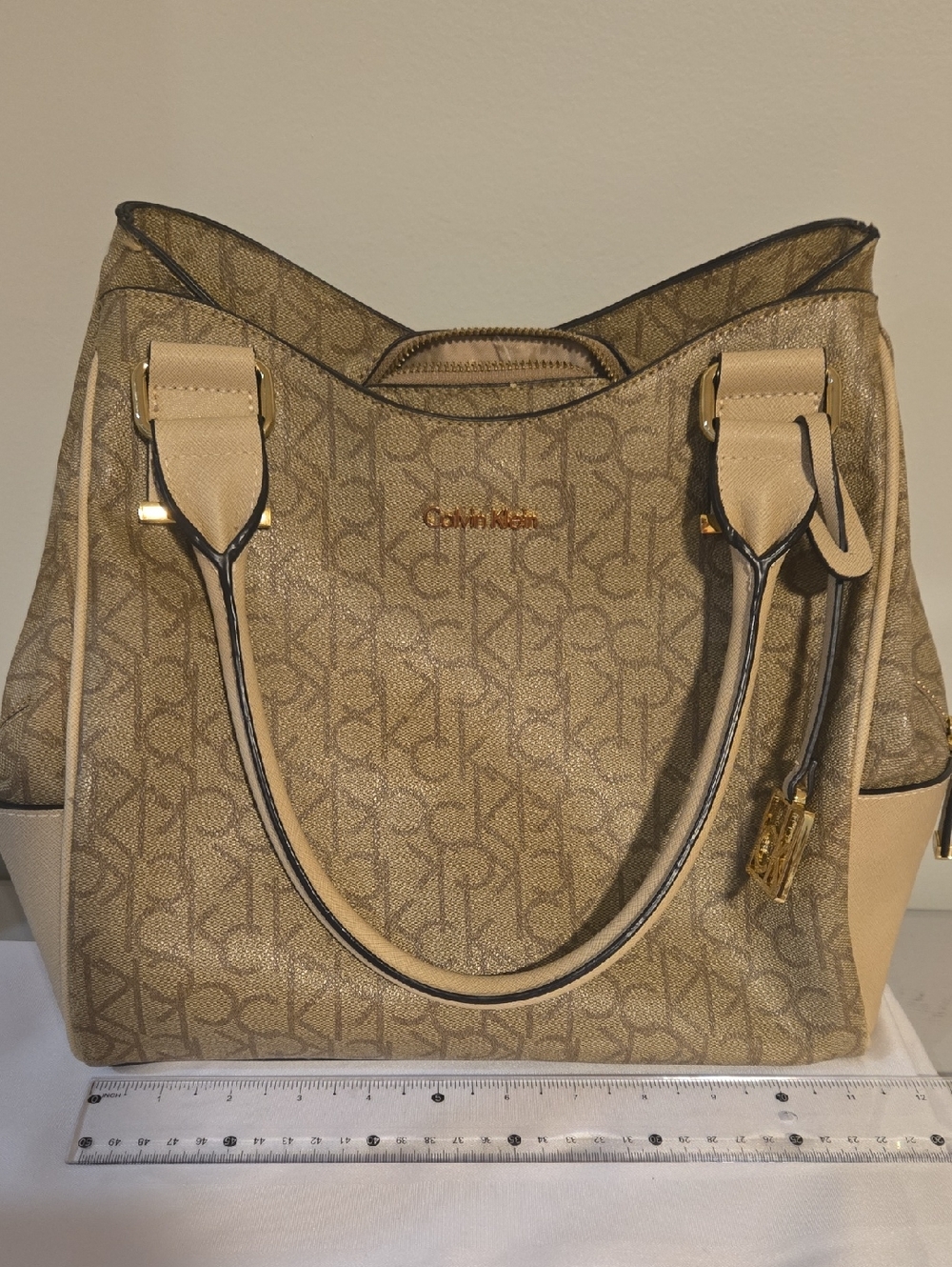 Calvin Klein Tan Monogram Tote with Gold Hardware